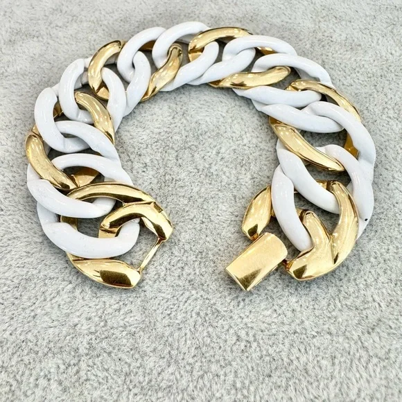 Vintage Signed Napier Shiny Gold Tone White Enamel Chunky Chain Link Bracelet - Picture 2 of 6
